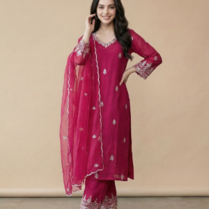 elegant pink anarkali kurta set with pant & cotton silk dupatta