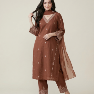 brown embroidered rayon kurta pant & dupatta set – elegant party wear