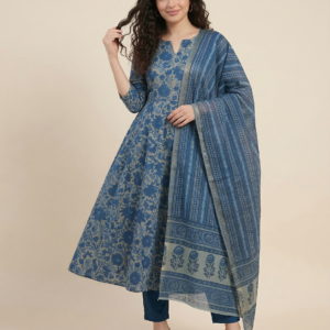 cream embroidered rayon slub a line kurta set with pants & dupatta – festive ethnic wear for women