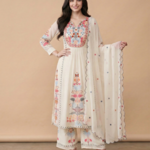 vestora faux georgette flared kurta palazzo set with dupatta – elegant white ethnic wear