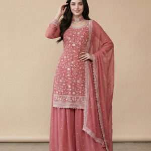 peach embroidered vichitra silk sharara suit with dupatta – semi stitched