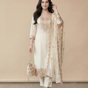 silk embroidered kurta pant set with dupatta – elegant pink party wear