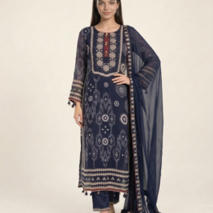 a line embroidered georgette kurta pant & dupatta set – navy blue