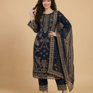 cream embroidered rayon slub a line kurta set with pants & dupatta – festive ethnic wear for women