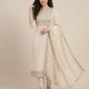 cream embroidered rayon slub a line kurta set with pants & dupatta – festive ethnic wear for women