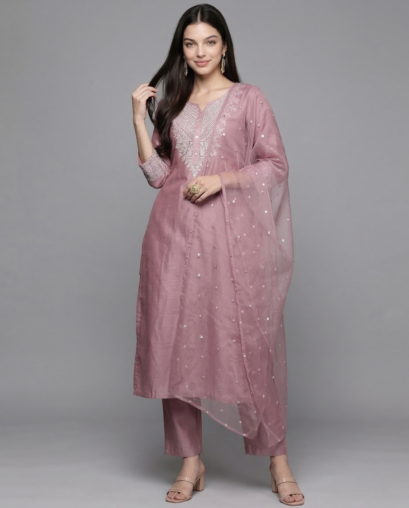 pink chanderi silk kurta pant & dupatta set – elegant ethnic party wear
