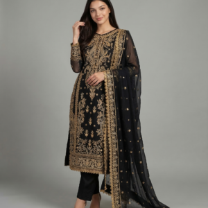 elegant black embroidered georgette semi stitched pakistani suit with dupatta