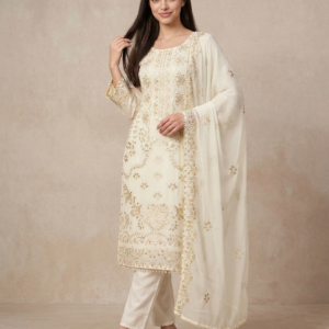 white embroidered georgette kurta pant & dupatta set – party wear